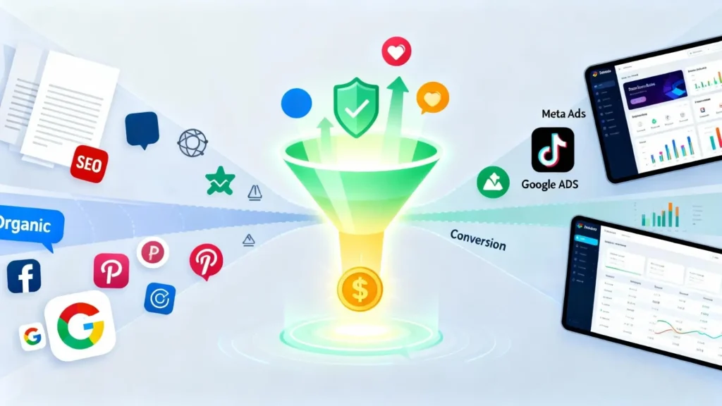 Ilustración conceptual de cómo combinar tráfico orgánico y de pago en marketing de afiliados, mostrando la fusión de contenido SEO, redes sociales y campañas publicitarias para aumentar conversiones y rentabilidad.