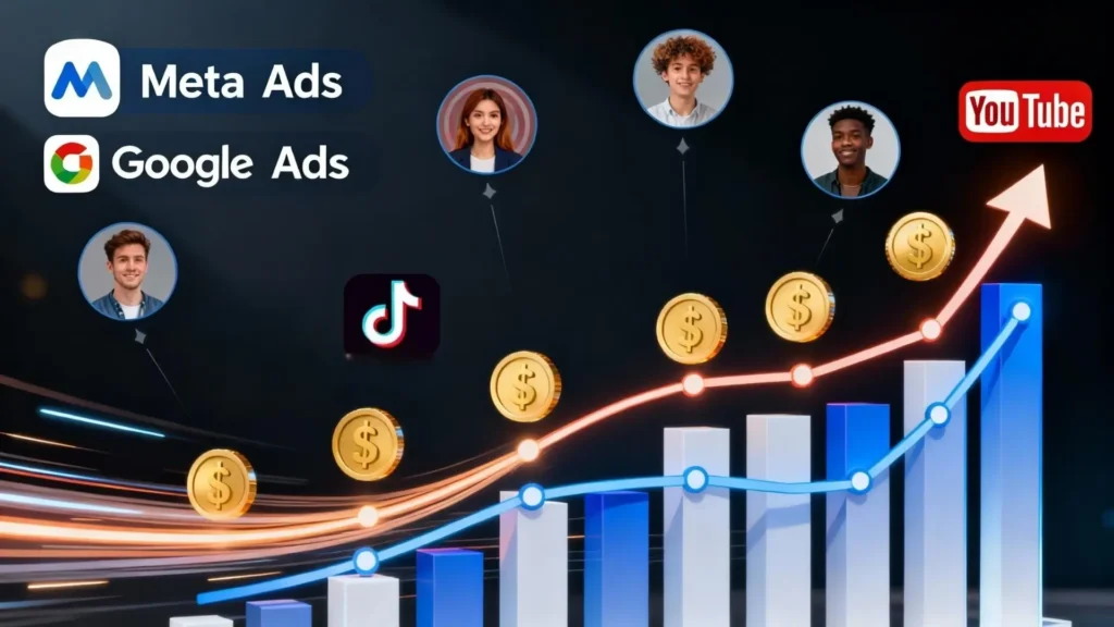 Afiliado gestionando campañas de tráfico de pago en marketing de afiliados, con Meta Ads, Google Ads, TikTok Ads y YouTube Ads, generando resultados rápidos y comisiones efectivas.