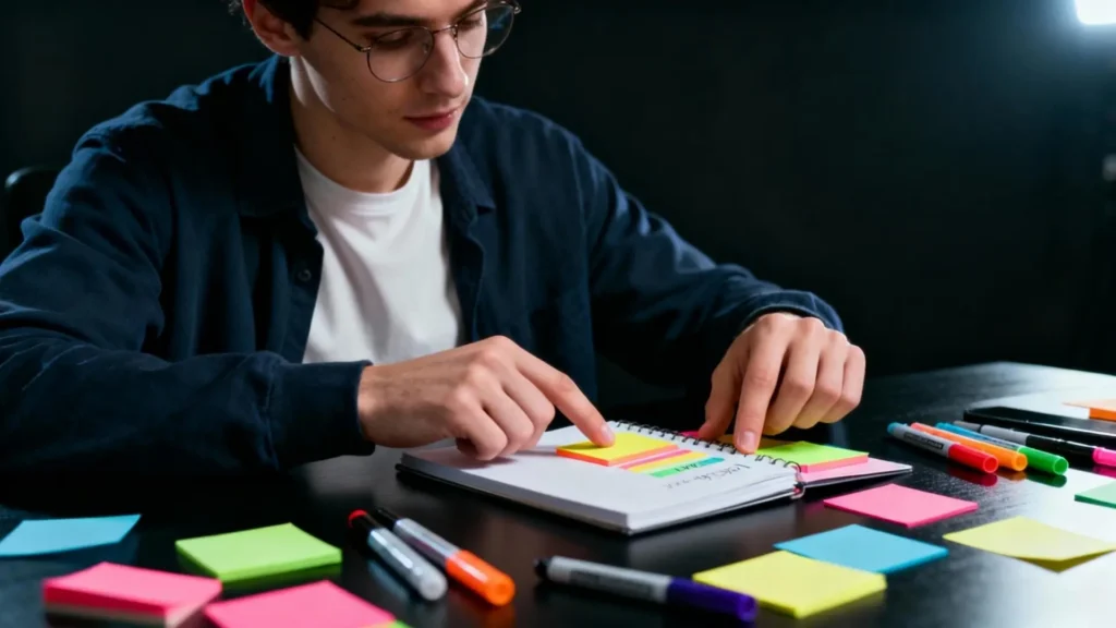 Persona joven con ropa casual organizando notas y marcadores sobre un escritorio oscuro, señalando ideas clave en un cuaderno, concepto de corregir errores en marketing de afiliados y aumentar ingresos.