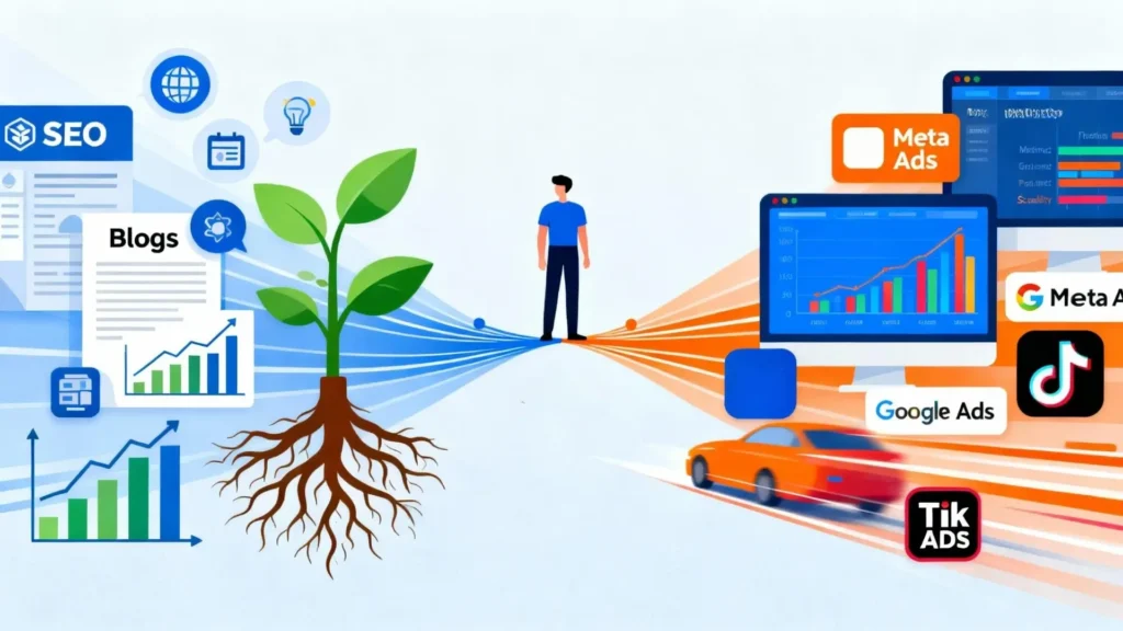 Integración de tráfico orgánico y de pago en marketing de afiliados, mostrando equilibrio entre crecimiento SEO sostenible y campañas publicitarias escalables para maximizar comisiones.