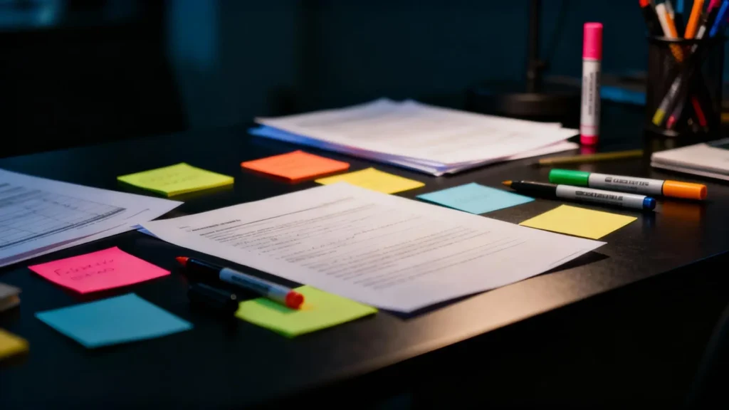 Espacio de trabajo oscuro con papeles dispersos, post-its coloridos, bolígrafos y marcadores, iluminación brillante destacando los objetos, concepto de errores ocultos en marketing de afiliados, análisis y descubrimiento de fallos que frenan los ingresos.