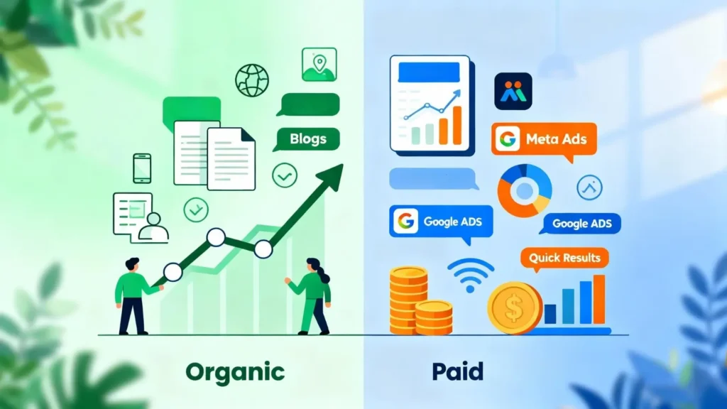 Comparativa visual entre tráfico orgánico y de pago en marketing de afiliados, mostrando estrategias de crecimiento natural frente a publicidad paga para principiantes.