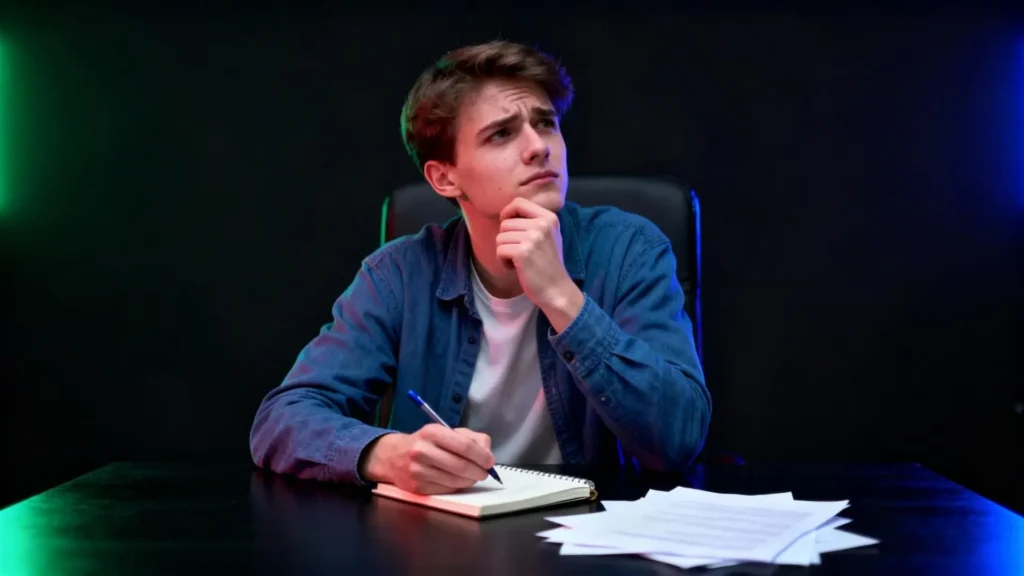 Persona joven con ropa casual reflexionando y tomando notas en un cuaderno, con papeles dispersos sobre un escritorio oscuro, fondo con luces brillantes, concepto de descubrir errores clave en marketing de afiliados y estrategias para ganar dinero online.