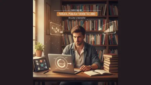 Joven autor trabajando en su escritorio con libros y herramientas de marketing digital, representando el curso online Método 2k en 60 Días de Fabián Piquer para vender libros y aumentar ventas paso a paso.