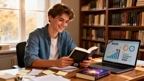 Autor/a exitoso revisando su libro publicado y generando ventas reales con el Método 2k en 60 Días de Fabián Piquer, mostrando éxito y motivación en marketing editorial.