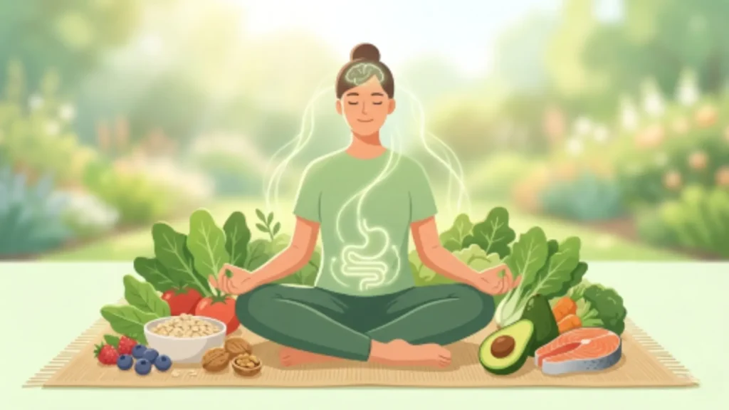 Ilustración sobre la relación entre la alimentación saludable y la ansiedad, mostrando alimentos ricos en omega 3, frutas y verduras que favorecen el bienestar emocional y la conexión intestino cerebro.