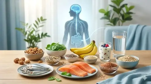 Optimización de la dieta para reducir la ansiedad con alimentos saludables como salmón rico en omega 3, frutas, verduras, cereales integrales, probióticos y agua, apoyando el equilibrio emocional y la salud del sistema nervioso.