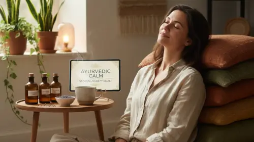 Persona relajada y tranquila leyendo el eBook Medicina Ayurvédica para Reducir la Ansiedad en casa, mostrando bienestar natural, equilibrio cuerpo-mente y prácticas fáciles para manejar la ansiedad de manera integral.