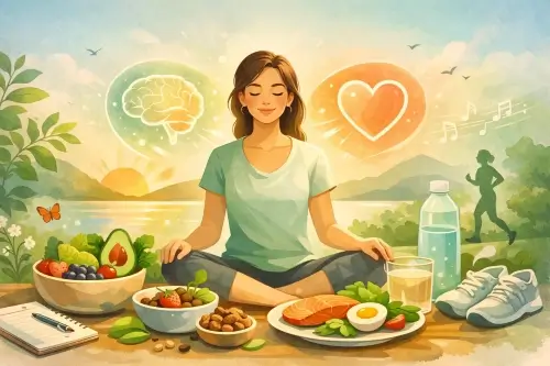 Ilustración de bienestar emocional con mujer meditando rodeada de alimentos saludables, simbolizando cómo una alimentación consciente ayuda a reducir la ansiedad y mejorar la salud mental.