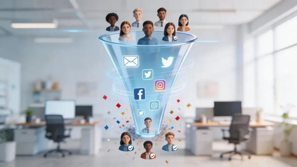 Embudo de ventas en marketing digital, mostrando el flujo de leads desde atracción hasta conversión, con iconos de email, redes sociales y clientes satisfechos.