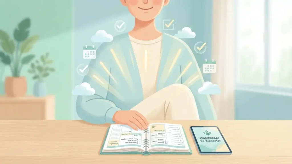 Planificador de Bienestar ebook para reducir la ansiedad y organizar la mente, mostrando una persona tranquila usando un cuaderno y planificando su día a día.