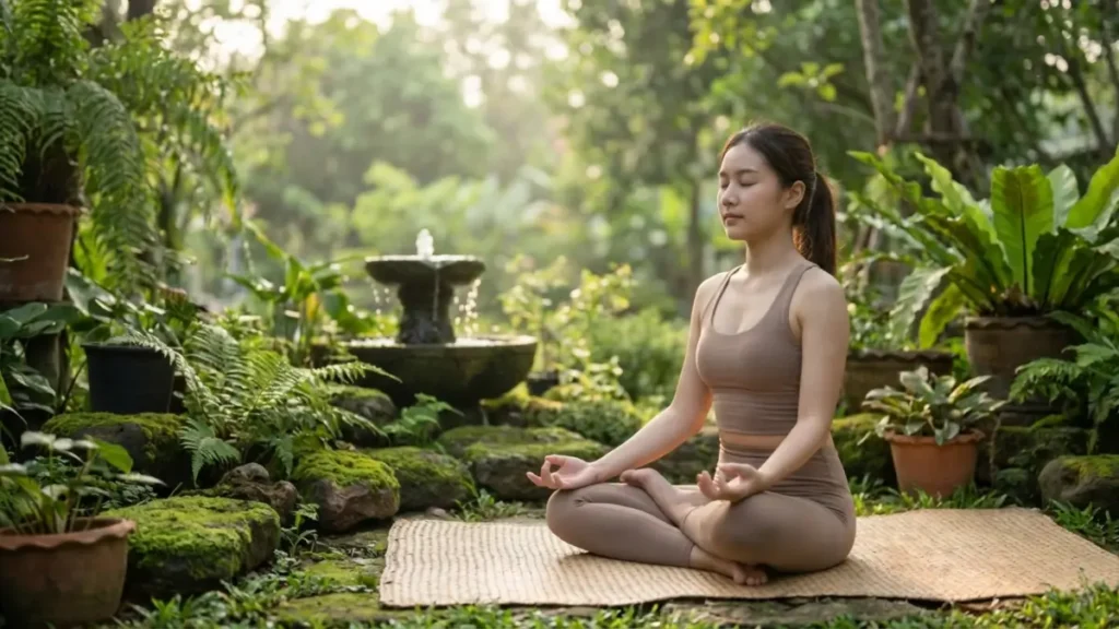 Mujer practicando yoga y meditación al aire libre, ilustrando bienestar natural y reducción de ansiedad con medicina ayurvédica, equilibrio cuerpo y mente, técnicas de autocuidado y hábitos saludables.