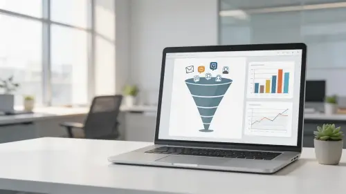 Espacio de trabajo profesional mostrando herramientas de marketing digital y dashboards de embudo de ventas, con emails, redes sociales y leads moviéndose a través del funnel.