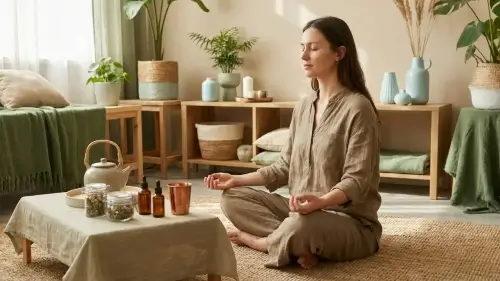Mujer practicando yoga y meditación al aire libre con elementos de autocuidado ayurvédico, mostrando equilibrio cuerpo-mente, bienestar natural y técnicas para reducir la ansiedad de forma integral.