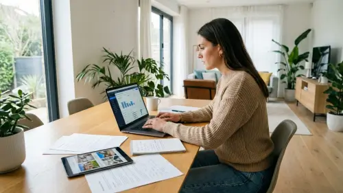 valuación de la formación Captadores Inmobiliarios: emprendedor analizando oportunidades de ingresos online en el sector inmobiliario, con apoyo de mentorías y marketing digital.