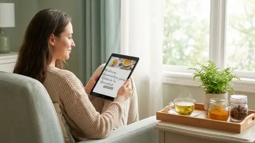 Persona usando un tablet para leer el eBook Medicina Ayurvédica para Reducir la Ansiedad en casa, mostrando bienestar natural, accesibilidad y prácticas fáciles para equilibrar cuerpo y mente y reducir la ansiedad.
