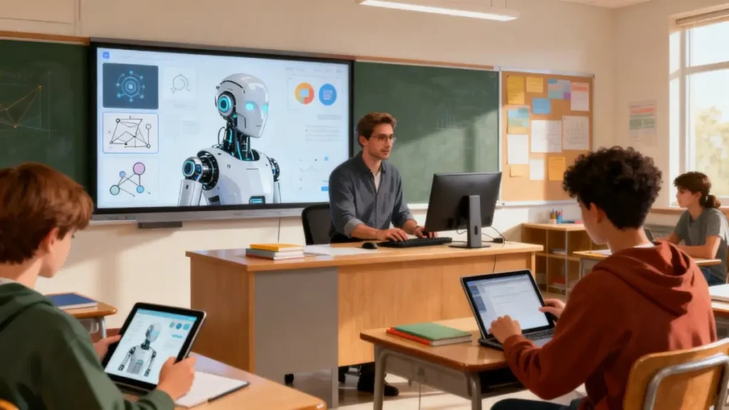 Profesor usando herramientas de inteligencia artificial en el aula moderna con estudiantes, incluyendo Canva, Google Classroom, Edpuzzle, Quizlet y Grammarly, para optimizar la enseñanza y el aprendizaje.