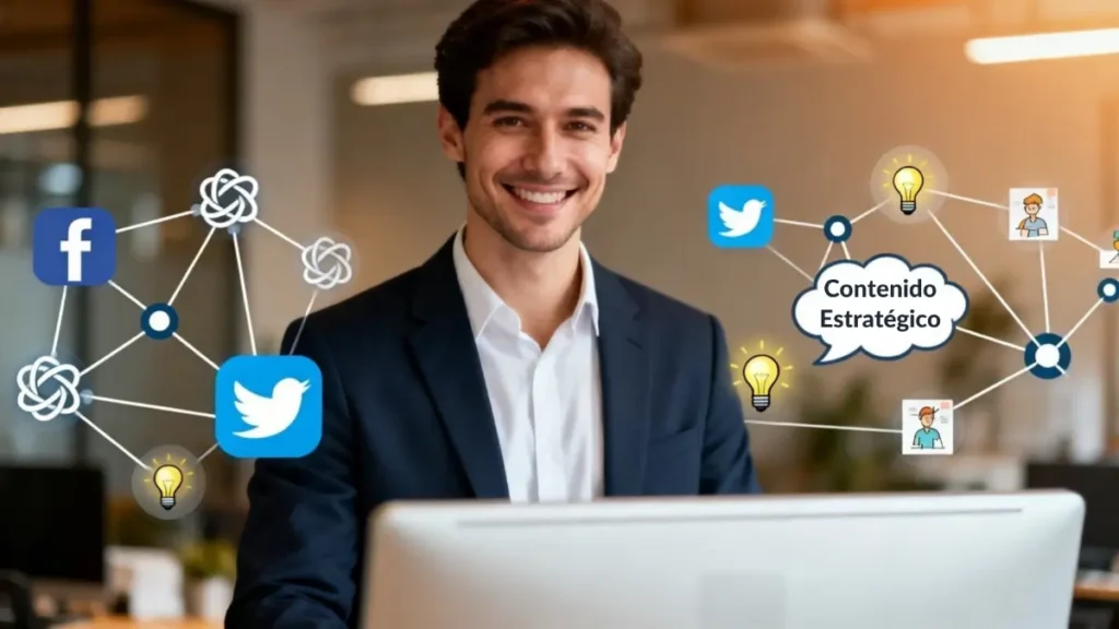 Emprendedor digital construyendo su marca personal en marketing digital, mostrando confianza y autenticidad, rodeado de iconos de redes sociales y elementos de contenido creativo.