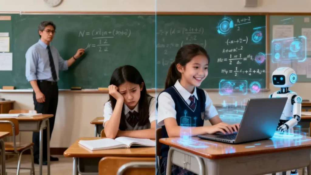 estudiante aprendiendo matemáticas con inteligencia artificial vs profesor en aula tradicional, comparación educación moderna IA